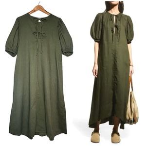 H&M | Women | Linen Blend Olive Tie Neck Lagenlook Maxi Tunic Dress | Small